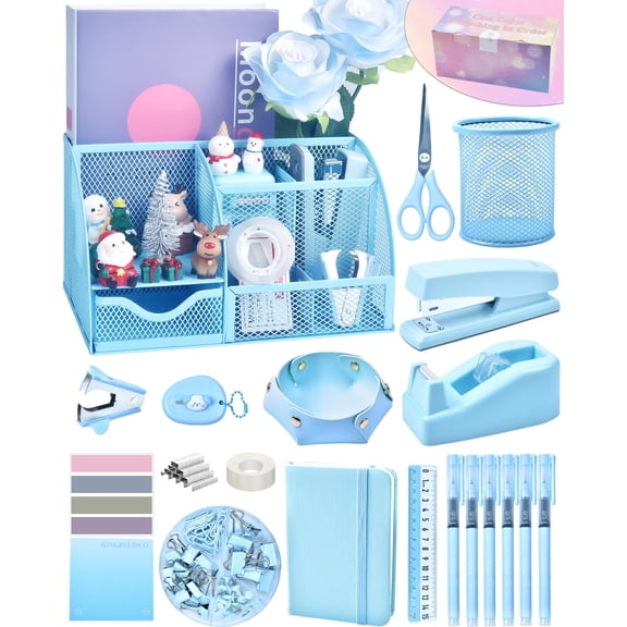 Blue Desk Accessories 26pcs Office Supplies And Organizers With Tape Dispenser Stapler Staple Remover Ect Gift Box Packaging