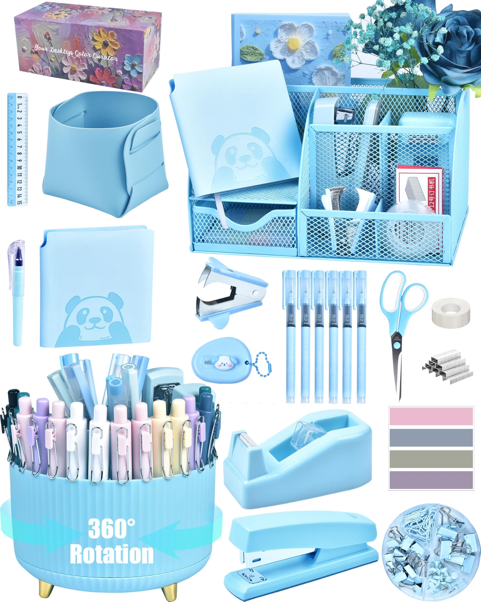 Blue Desk Accessories And Organizers With Organizer 360°rotating Pen Holder Stapler A Lot Of Office Supplies Beautifully Presented In Gift Box