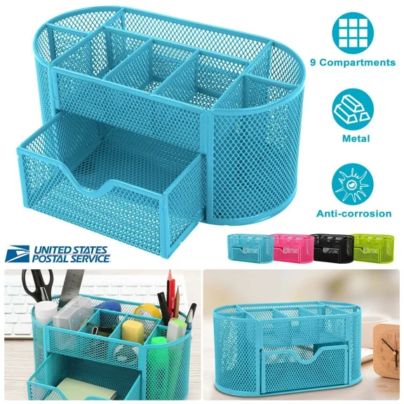 Blue Desk Organizer Mesh Metal Desktop Office Pen Pencil Holder Storage Tray