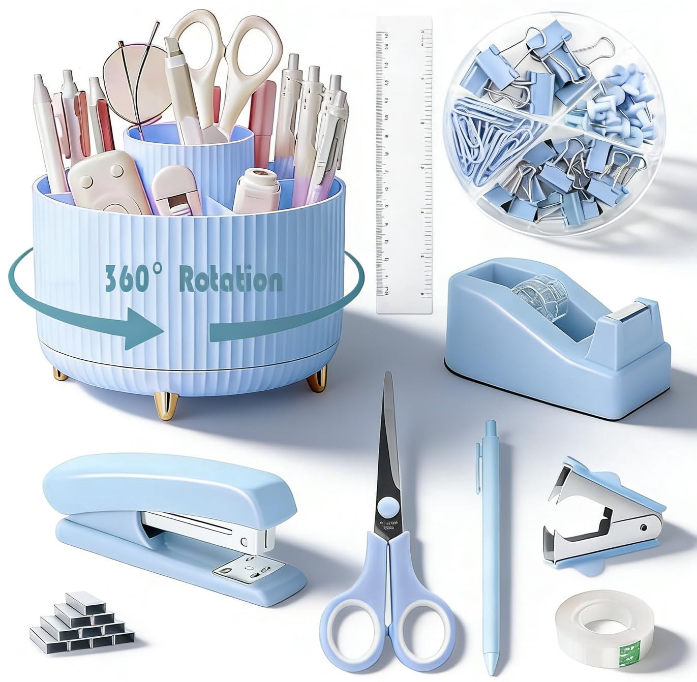 Blue Desk Organizers And Accessories Set With 360-degree Rotating Pen Holder  Tape Dispenser Stapler Staple Remover 1000 Staples Clips Ruler Scissor