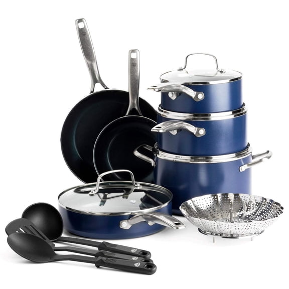Blue Diamond 14 Piece Cookware Pots and Pans Set, Diamond Infused Ceramic Healthy Nonstick, PFAS and PFOA-Free, Metal Utensil Safe & Scratch Resistant, Even Heating, Dishwasher Safe, Oven Safe, Blue