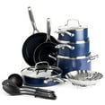 thumbnail image 1 of Blue Diamond 14 Piece Cookware Pots and Pans Set, Diamond Infused Ceramic Healthy Nonstick, Metal Utensil Safe & Scratch Resistant, Even Heating, Dishwasher Safe, Oven Safe, Blue, 1 of 7