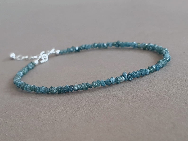 Blue Diamond 2.5-3mm Nugget Shape Rough Cut Beads 7 inch adjustable Silver Plated Clasp Bracelet for men, women, unisex. Link Chain Stacking Bracelet.|LINK_01423