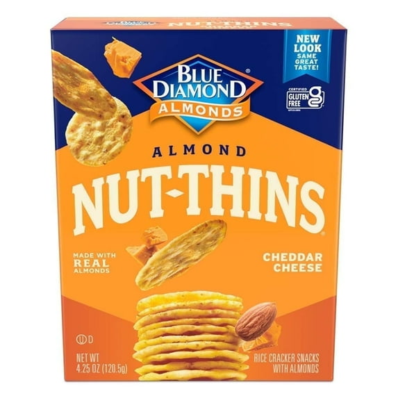 Blue Diamond Almond Nut-Thins Nut & Rice Cracker Snacks Cheddar Cheese 4.25 oz Pack of 4