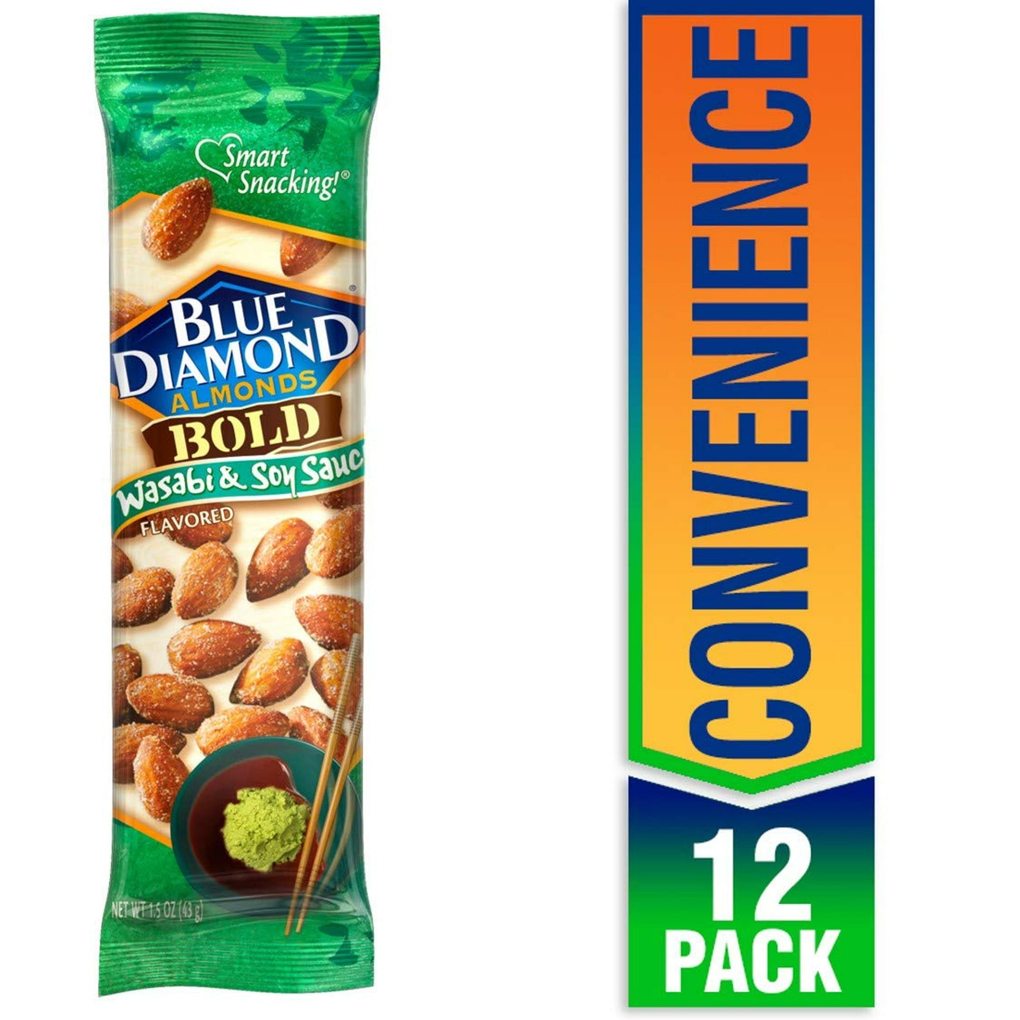 Blue Diamond Almonds, Bold Wasabi \u0026 Soy Flavored Snack Nuts, Single Serve Bags (1.5 Oz. Tubes, Pack of 12)