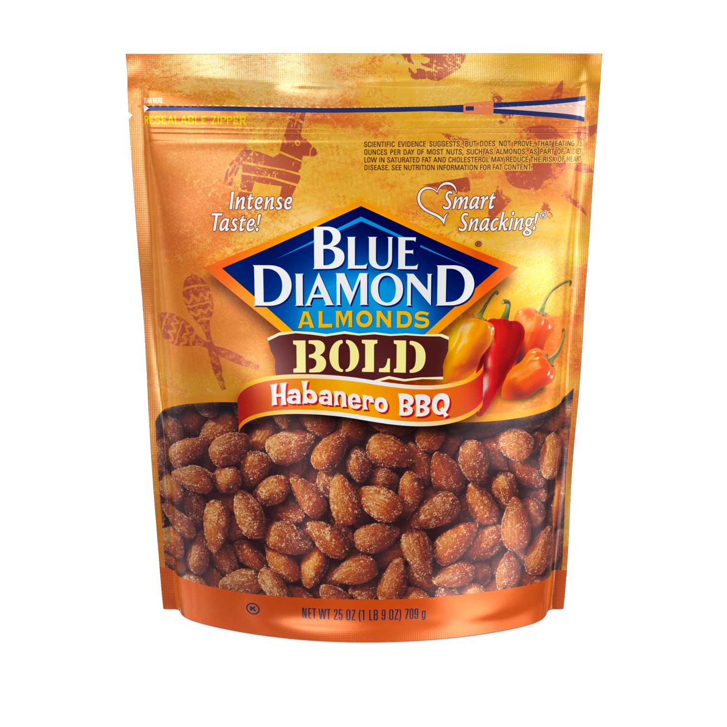 Blue Diamond Almonds, Bold Habanero BBQ Flavored Snack Nuts, 25 oz Resealable Bag