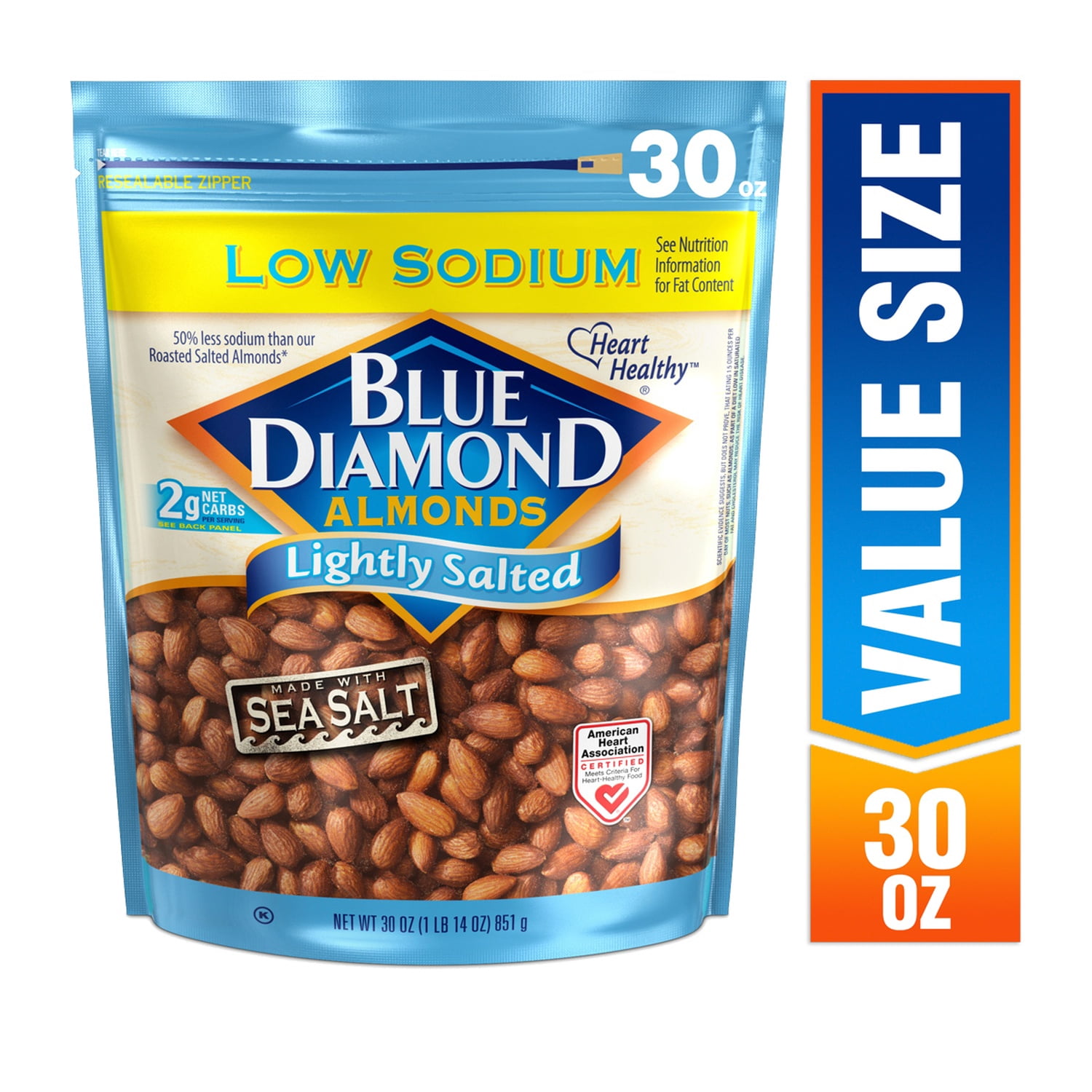 Blue Diamond Almonds, Low Sodium Lightly Salted Flavored Snack Nuts Value Bag, 30.0 oz