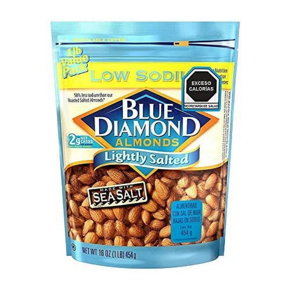 Blue Diamond Almonds Low Sodium Lightly Salted Snack Nuts, 16 Oz Resealable Bag (Pack of 1)