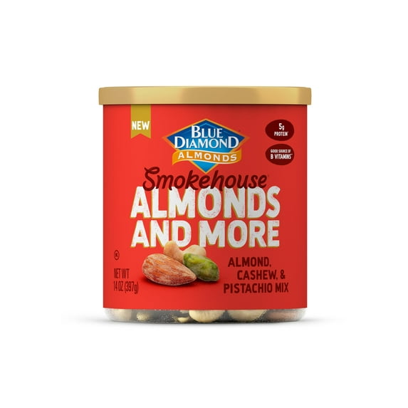 Blue Diamond Almonds, Mixed JKF25 Nuts Smokehouse Flavored Deluxe Snack Nuts, Almonds, Pistachios, and Cashews, 14oz. Can (Pack of 1)
