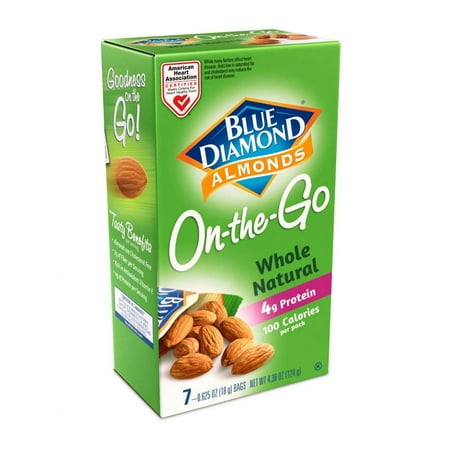 Blue Diamond Almonds Natural Whole Almonds, 0.625 oz, 7 Count, Snack Bag, Cardboard Box