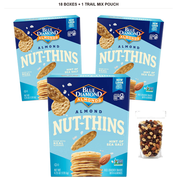 Blue Diamond Almonds Nut Thins Cracker Crisps, Hint Of Sea Salt, 18 Boxes x 4.25 oz with 1 Bybies Trail Mix Pouch, 2 oz