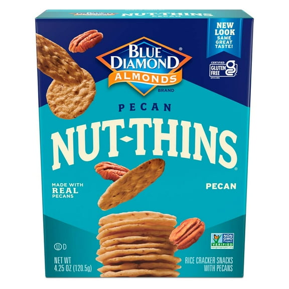 Blue Diamond Almonds, Nut Thins Flavored Gluten Free Pecan Nut & Rice Crackers Perfect for Snacking, Lunches, Charcuterie, 4.25 oz Box