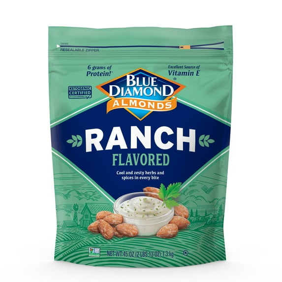 Blue Diamond Almonds, Ranch Flavored Value Bag Snack Nuts Perfect for Bulk Pantry Staples and Keto Friendly Snacking 45 Oz Resealable Bag (Pack of 1)