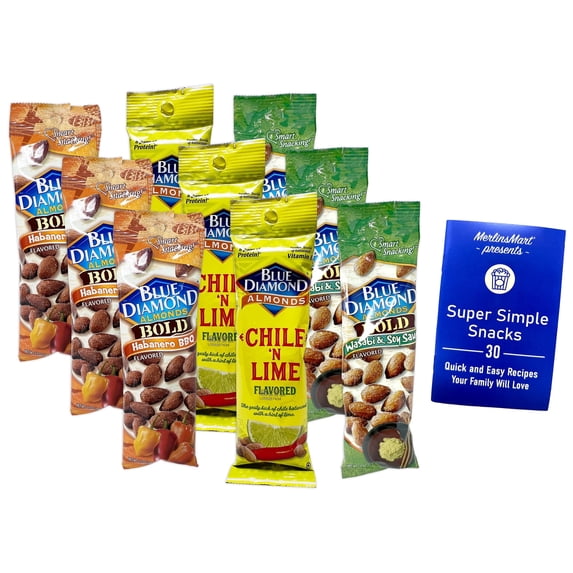 MerlinsMart Blue Diamond Almonds single serve pouches, 3 flavors, 1.5 oz each, with recipe zine