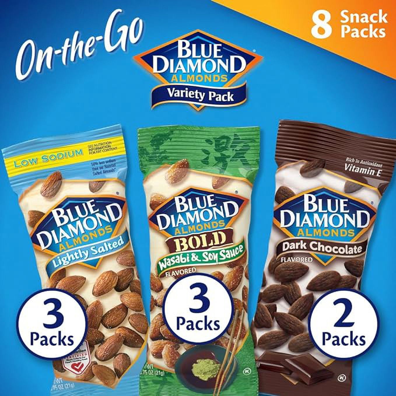 Blue Diamond Almonds Snack Nut Variety Pack For Kids, Office, School, On-The-Go, 0.75 Oz Gluten Free Individual Packs, Wasabi & Soy Sauce, Lightly Salted, And Dark Chocolate, 8 Count (Case, Pack