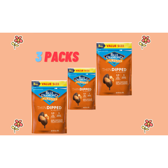 Blue Diamond Almonds Thin Dipped Dark Chocolate Sea Salt Caramel Almonds, Value Size, 8 oz Bags, 3 Pack