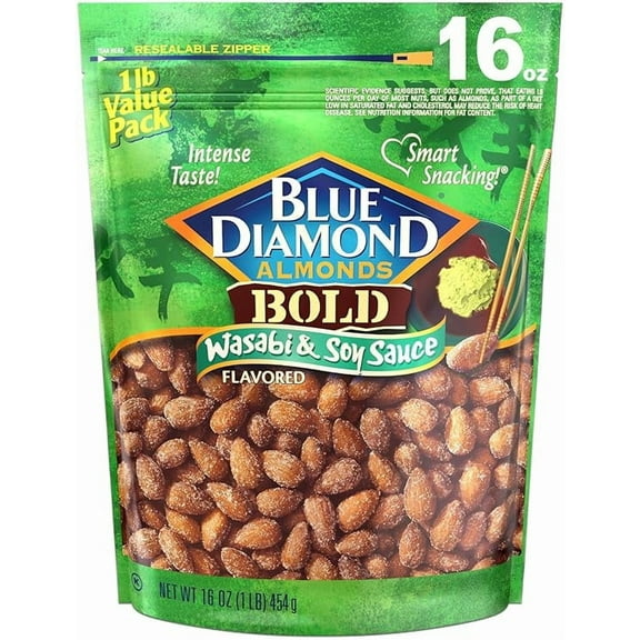 Blue Diamond Almonds Wasabi & Soy Sauce Flavored Snack Nuts, 16 Oz Resealable Bag (Pack of 1) ( Pack of 2 )