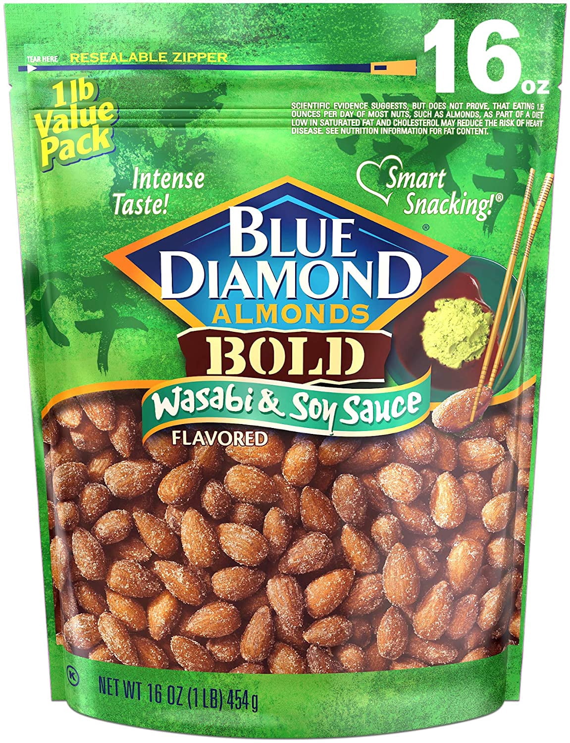 Blue Diamond Almonds Wasabi & Soy Sauce Flavored Snack Nuts, 16 Oz Resealable Bag (Pack of 1)( PACK OF 2 )