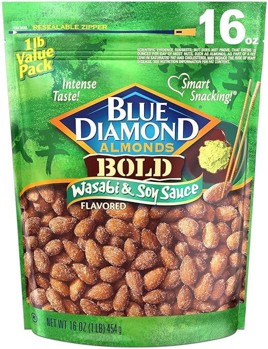 Blue Diamond Almonds Wasabi \u0026 Soy Sauce Flavored Snack Nuts, 16 Oz Resealable Bag (Pack of 1)