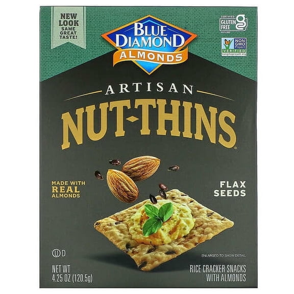 Blue Diamond, Artisan Nut-Thins, Flax Seeds Rice Cracker Snacks with Almonds, 4.25 oz Pack of 2