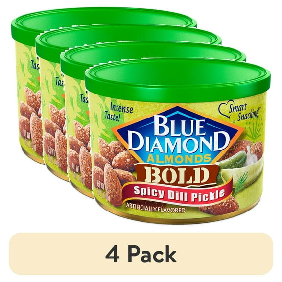 (4 pack) Blue Diamond Almonds, Bold Spicy Dill Pickle Flavored Snack Nuts perfect for Snacking and On-the-go, 6 oz can