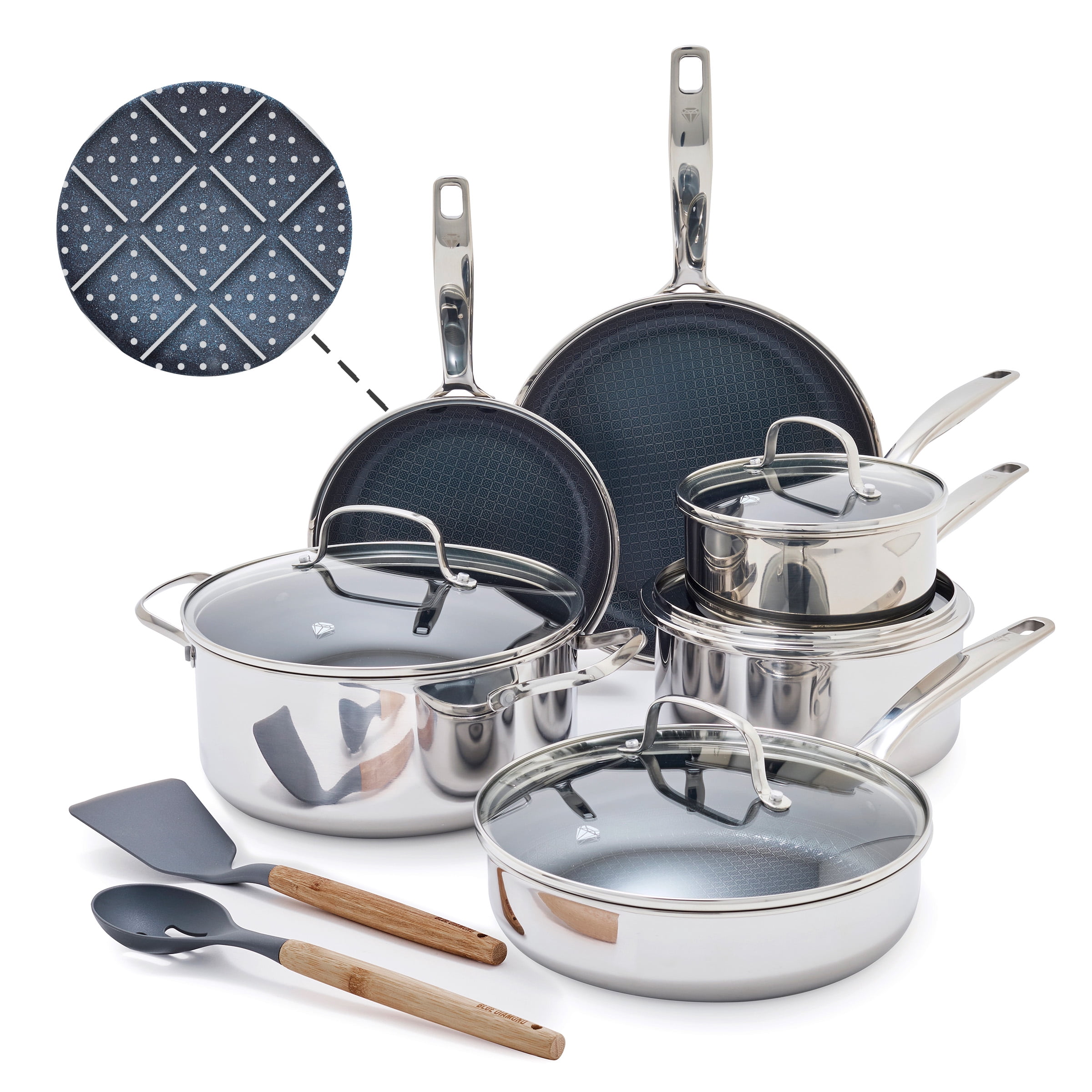 Blue Diamond Diamond Bond Hybrid Nonstick Stainless Steel 12 Piece Cookware Set, Silver