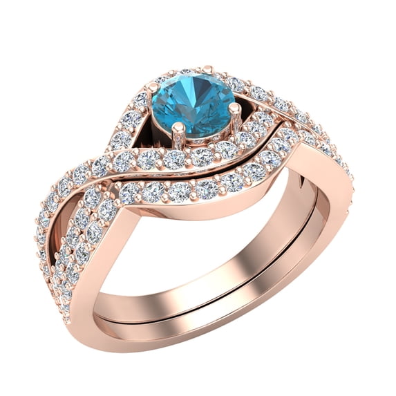 Blue Diamond Engagement Rings for Women Round Cut Blue Diamond Rings Criss Cross Intertwined 14K Gold 1.10 Carat (H,SI1)