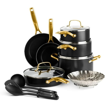 Blue Diamond 14-Piece Ceramic Nonstick Cookware Set – Induction Ready, Gold Handles, Dishwasher Safe, Black