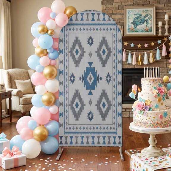 Blue Diamond Motifs Arch Backdrop Covers 4 FT, Boho Tribal Ethnic Abstract Geometric Country Plaid Stretchy Fitted Arched Stand Covers Party Arch Stand Cover Photo Booth for Wedding Birthday Decor