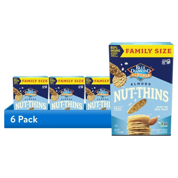 (6 pack) Blue Diamond Almond Nut-Thins Crunchy Rice Crackers, Baked, 7.7 oz, Shelf Stable, Gluten Free, Cardboard Box