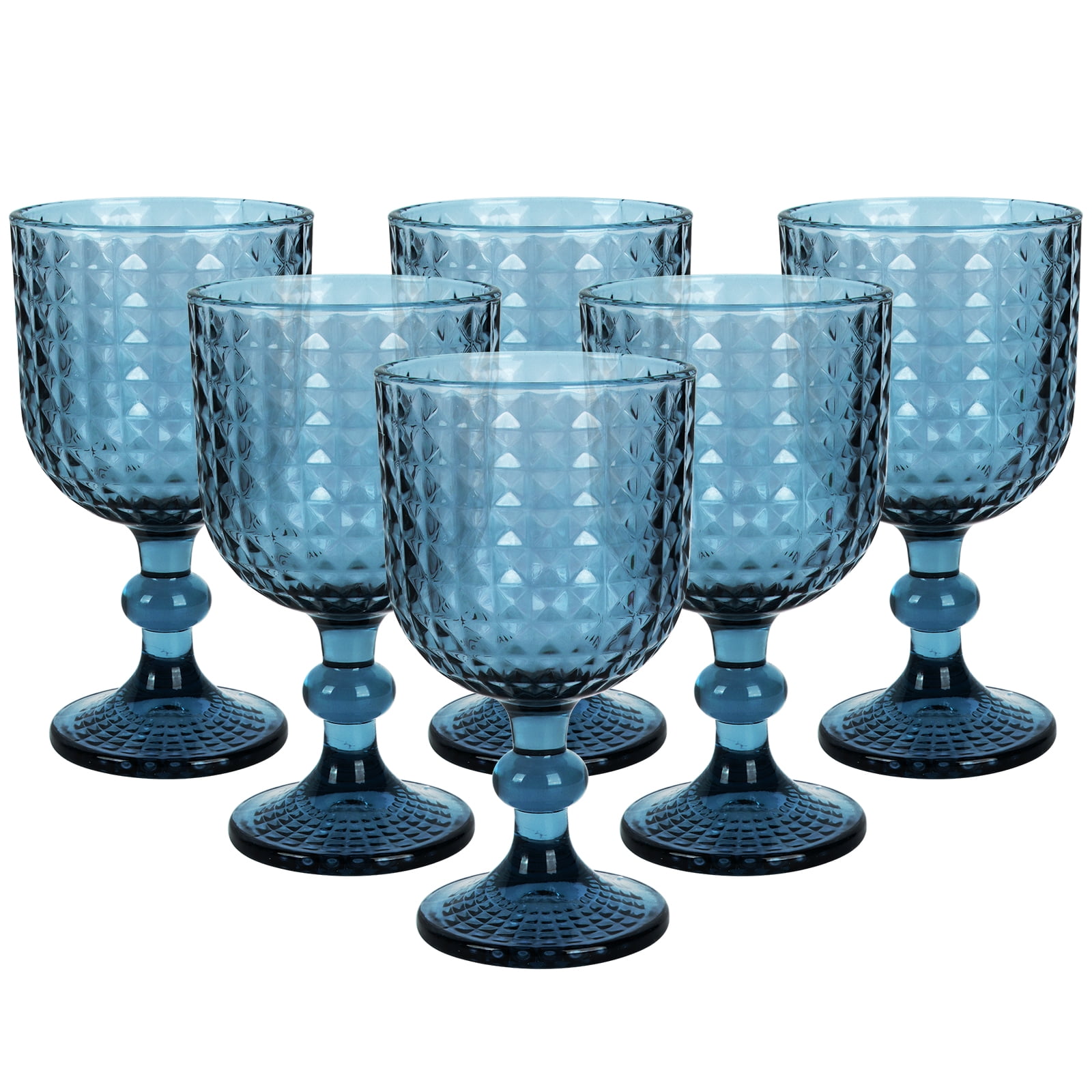 Blue Diamond Pattern Glass Cups Set of 6, 360ml Vintage Crisscross Design, Whiskey Wine Coffee Glasses, Dishwasher Safe for Wedding, Party & Daily Use
