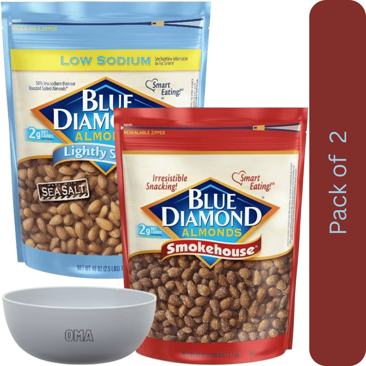 Blue Diamond Smokehouse Almonds, 40 oz. & Blue Diamond Lightly Salted Whole Almonds, 40 oz. with bowl by OMA
