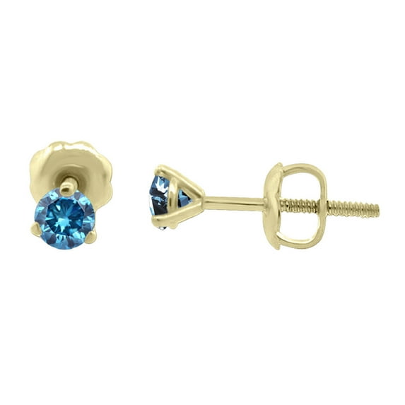 Blue Diamond Stud Earrings Round Cut 14K Gold Earrings Three Prong Setting 1.25 CT TW