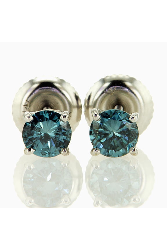 Blue Diamond Stud Earrings Round Shape SI1 Treated 14K White Gold 0.68 Carat