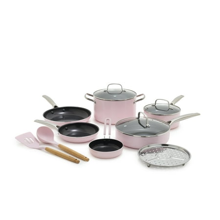 Blue Diamond Healthy Ceramic and Dishwasher Safe 12-Piece Pots and Pans Cookware Set, Pink