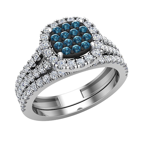 Blue Diamond Wedding Ring Set for Women Cluster Diamond Halo Rings 14K White Gold 0.95 CT TW