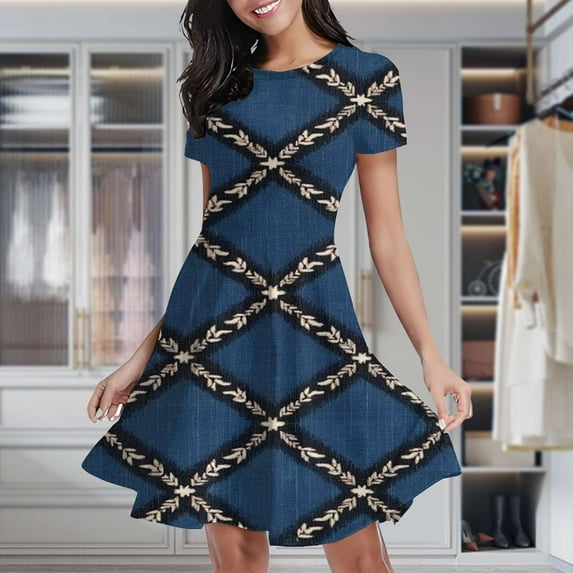 Blue Diamond Woven Textile Pattern Women's Classic Swing Skater Dress Casual Work Party Cocktail Dresses