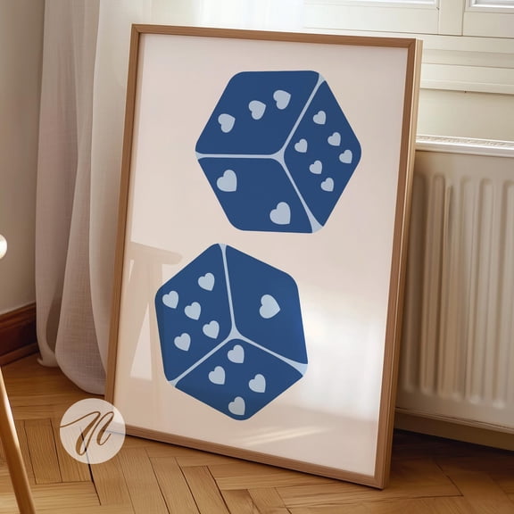 Blue Dice Heart Wall Art Preppy Bar Cart Decor, Unframed Paper Print Size 8x12