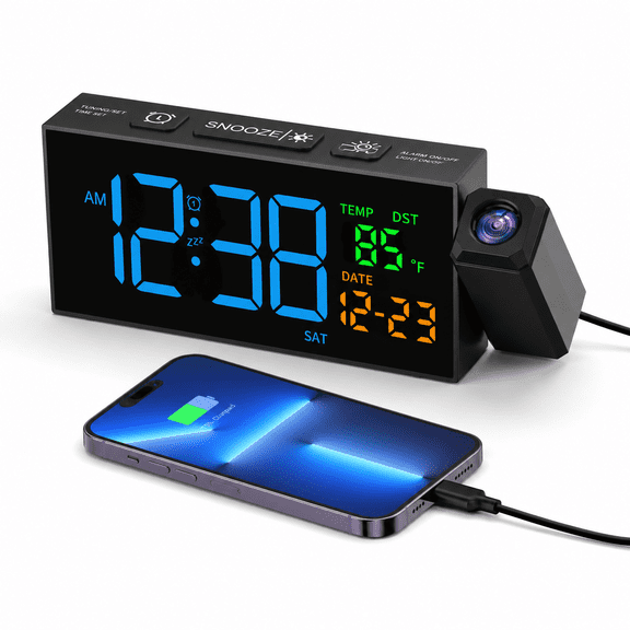 Blue Digital Projection Alarm Clock with Rotatable Projector, Date, Temperature and Weekday Display