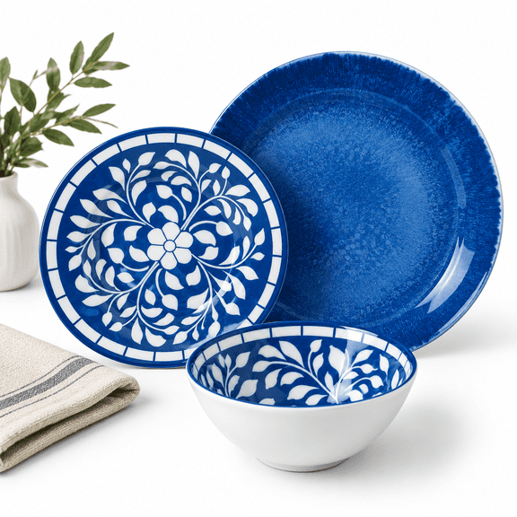 Blue Dinnerware Set for 4, 12-Piece Indoor Outdoor Tableware