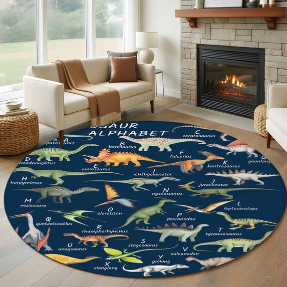 Blue Dinosaur 8' Round Area Rug, Vintage Letters Farm Animals Washable Non-Slip Large Circle Rugs for Living Room Bedroom, Soft Low Pile Rug Carpet for Dining Room Kitchen Farmhouse