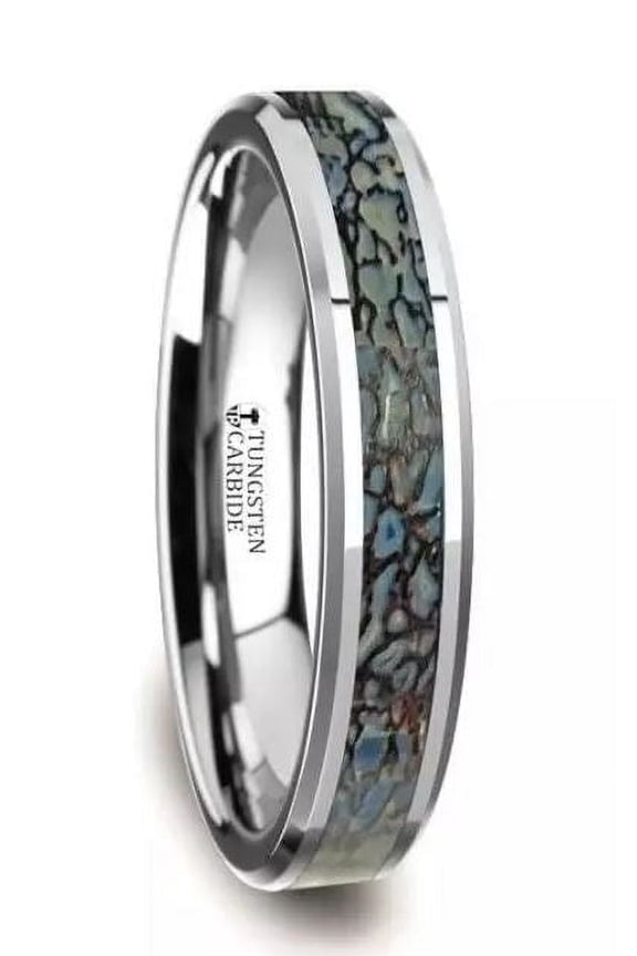 Blue Dinosaur Bone Inlaid Tungsten Carbide Beveled Edge Ring | Thorsten