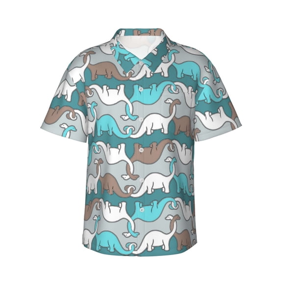Blue Dinosaur Men'S 3d Print Casual Button Down Shirts, Novelty Hawaiian Short Sleeves M