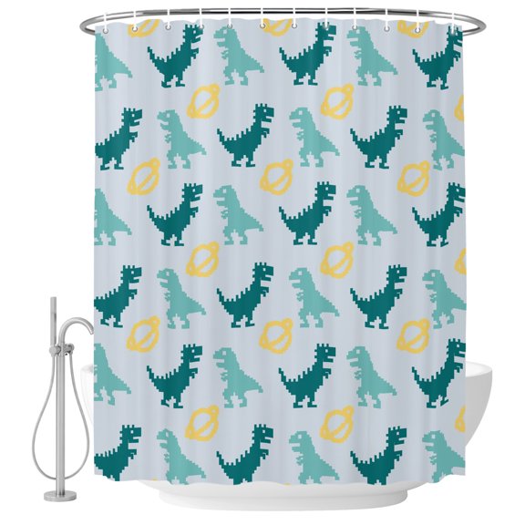 Blue Dinosaur Shower Curtain for Bathroom, Pixel Art Style Cartoon Green Animals Farmhouse Waterproof Cloth Fabric Bathroom Accessories Set with 9 Rust Proof Plastic Hooks, 36"x72"