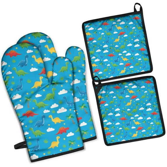 Blue Dinosaurs Clouds Pattern Kitchen Oven Mitt and Pot Holder Sets 2 Pcs for Baking, Cooking and Grilling, Heat Resistant Up To 392 °F