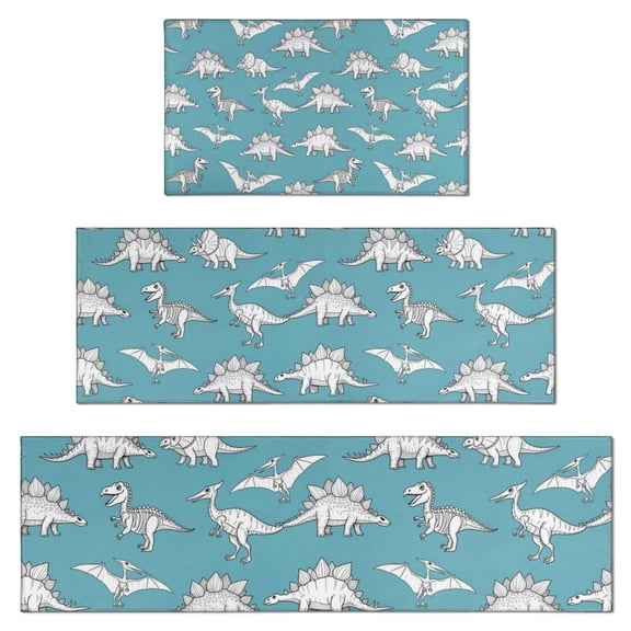 Blue Dinosaurs Skeletons Pterosaurs Pattern Kitchen Rugs Sets Of 3,Kitchen Runner Rugs Non Skid Washable,Decorative Kitchen Floor Mats for Kitchen,Sink,Laundry,17"x30"+ 17"x47" + 17"x59"