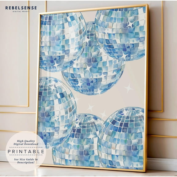 Blue Disco Ball Poster 70S Retro Wall Art Trendy Apartment Decor , Poster Print Only
