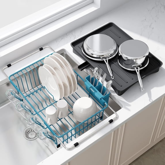 Metal Racking Blue Blue Dish Drying Rack in Sink with Drainboard and Utensil Holder | Use ...