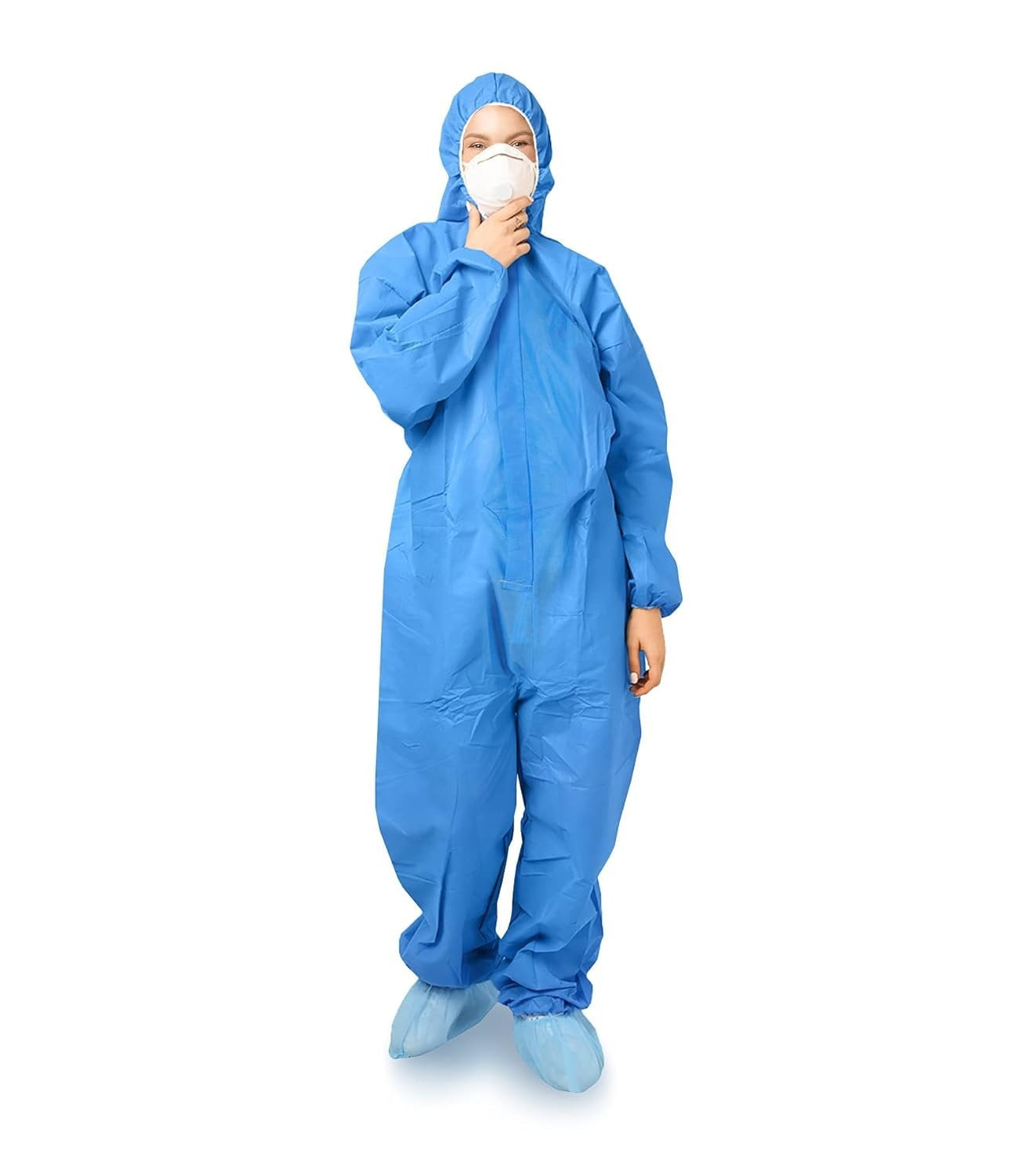 Blue Disposable Coveralls with Hood, M. 5 Pack Hazmat Suits Disposable. 60 GSM Micropourus