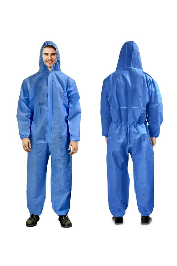 Disposable Coveralls for Men and Women, XX-Large. Pack of 25 Blue Hazmat Suit Costume. Water-Resistant SMS Polypropylene Painters Suit with Hood, Elastic Cuffs and Ankles, Front Zipper